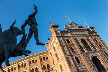 Image showing Bullfighter sculpture in front of Bullfighting arena Plaza de Toros de Las Ventas in Madrid, Spain.