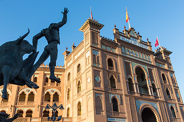 Image showing Bullfighter sculpture in front of Bullfighting arena Plaza de Toros de Las Ventas in Madrid, Spain.