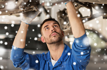 Image showing mechanic man or smith repairing car at workshop