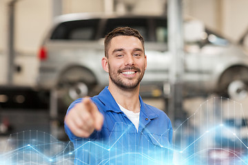 Image showing happy auto mechanic man or smith at car workshop