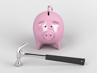 Image showing Piggy bank and hammer