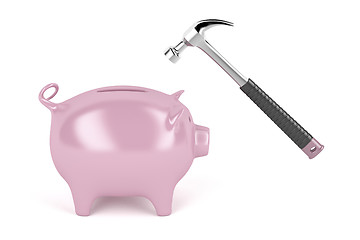 Image showing Piggy bank and hammer