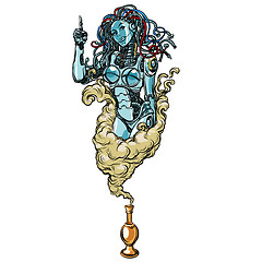 Image showing Isolated on white background. Female robot the Genie of the lamp