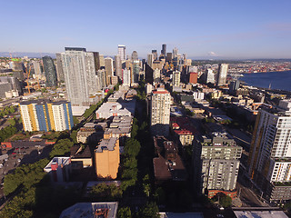 Image showing Aerial View Over Seattle Inter Urban Downtown City Skyline Build