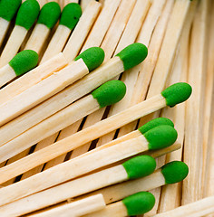 Image showing Group Wood Stalk Green Tip Match In Box Matchsticks