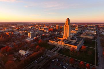 Image showing The sun sets over the State Capital Building in Lincoln Nebraska