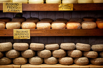 Image showing Delicious cheeses in a grocery store in Pienza