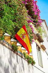 Image showing The national flag of Spain hang on the balcony