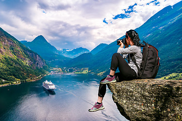 Image showing Geiranger fjord, Beautiful Nature Norway panorama. Nature photog