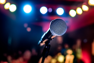 Image showing Microphone on stage against a background of auditorium.