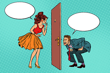 Image showing man and woman looking through a door, Voyeurism and privacy