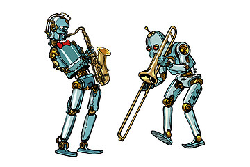 Image showing brass band musicians robots, saxophone and trombone