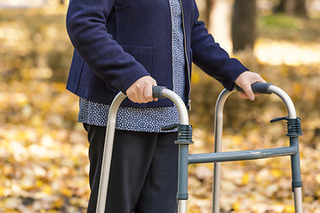 Image showing Senior woman legs walking with walker in autumn park