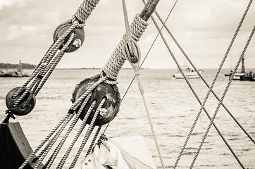 Image showing Blocks and rigging of an old sailboat, close-up  