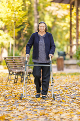 Image showing Senior woman walking outdoors with walker in autumn park