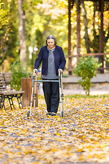 Image showing Senior woman with walker walking outdoors