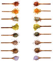 Image showing Collection of Spices in Wooden Spoons