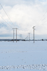 Image showing Power lines in a snowy field