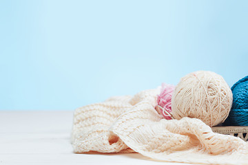 Image showing The balls of wool on white wooden background