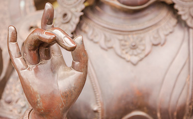 Image showing Detail of Buddha statue with Karana mudra hand position