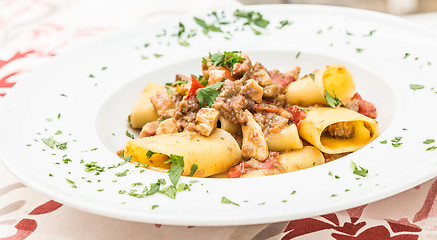 Image showing Italian Paccheri pasta  with Swordfish