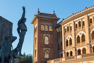 Image showing Bullfighter sculpture in front of Bullfighting arena Plaza de Toros de Las Ventas in Madrid, Spain.