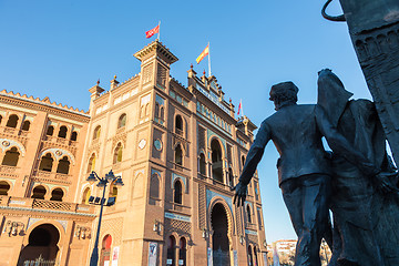 Image showing Sculpture in front of Bullfighting arena Plaza de Toros de Las Ventas in Madrid, Spain.