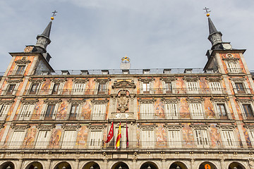 Image showing Detail of a decorated facade and balconies at the Palza Mayor, Madrid, Spain.