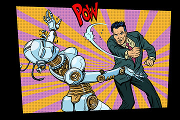 Image showing retro male beats up female robot