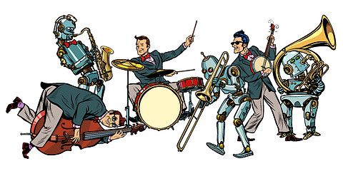 Image showing futuristic jazz orchestra of humans and robots, isolated on whit