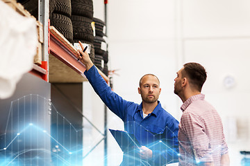 Image showing auto mechanic with clipboard and man at car shop