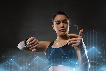 Image showing woman with heart-rate watch and smartphone in gym