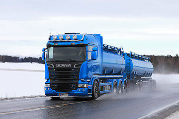 Image showing Blue Scania Tank Truck on Wet Highway