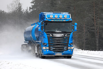 Image showing Blue Scania Tank Truck on Snowy Highway