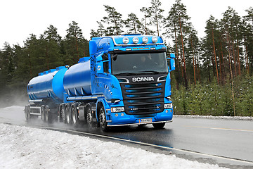 Image showing Blue Scania Tank Truck on Winter Highway