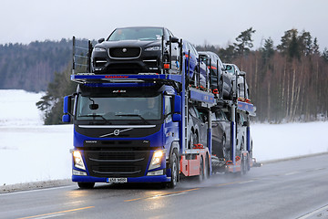 Image showing Volvo FM Car Transporter in Winter Highway