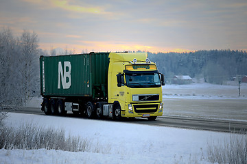 Image showing Yellow Volvo FH Semi Twilight Time Transport