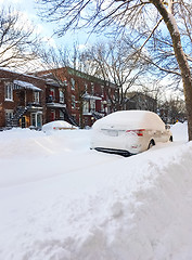 Image showing Urban winter street with lots of snow