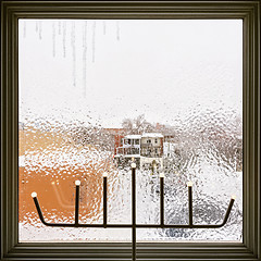 Image showing Icicles on a frosted window decorated with LED lights