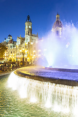 Image showing Fountain on Modernism Plaza of the City Hall of Valencia, Town hall Square, Spain.