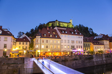 Image showing Evening panorama of riverfront of Ljubljana, Slovenia.