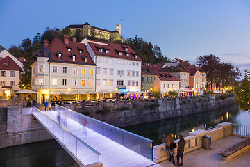 Image showing Evening panorama of riverfront of Ljubljana, Slovenia.