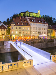 Image showing Evening panorama of riverfront of Ljubljana, Slovenia.