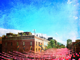 Image showing Retro style image of gay neighborhood decorated with pink balls