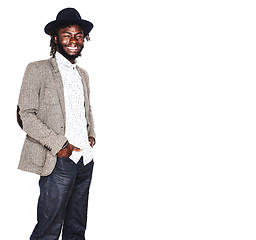 Image showing young handsome afro american boy in stylish hipster hat gesturin