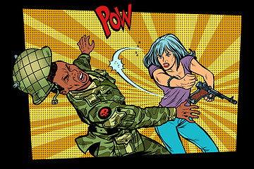 Image showing woman vs man. Civil beats invader military soldier