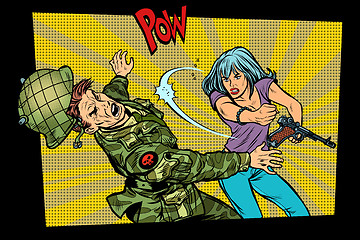 Image showing woman vs man. Civil beats invader military soldier