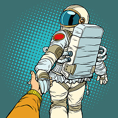 Image showing astronaut space travel follow me concept, couple love hand leads