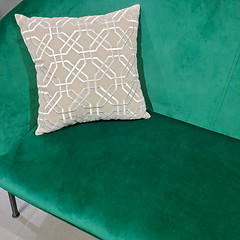 Image showing Green velvet sofa with ornate cushion