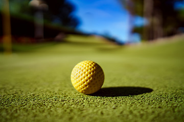 Image showing Mini Golf yellow ball on green grass at sunset